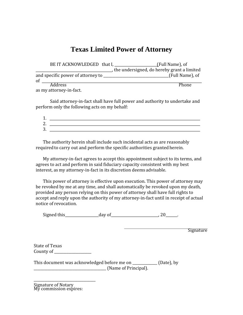 Power Of Attorney Form Texas Templates Limited Unforgettable Free Document