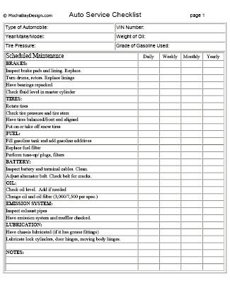 Printable Auto Service And Maintenance Checklist Document Vehicle