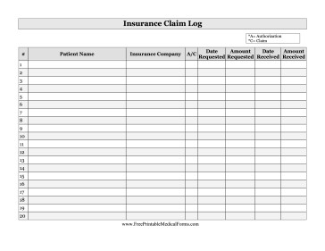Printable Insurance Claim Log Document Spreadsheet