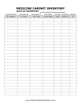 Printable Medical Cabinet Inventory Sheet Document Office Template