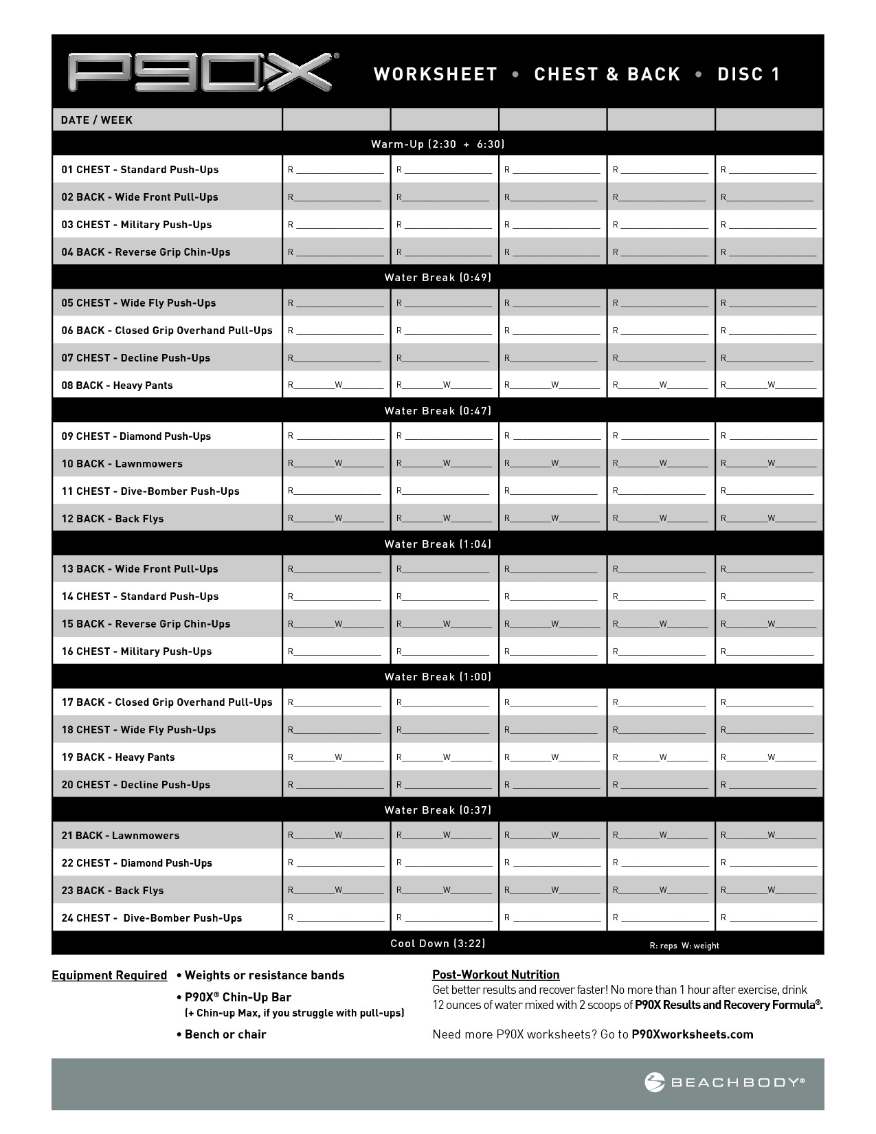 Printable Sample P90x Workout Schedule Form Sheet Document Chest And Back