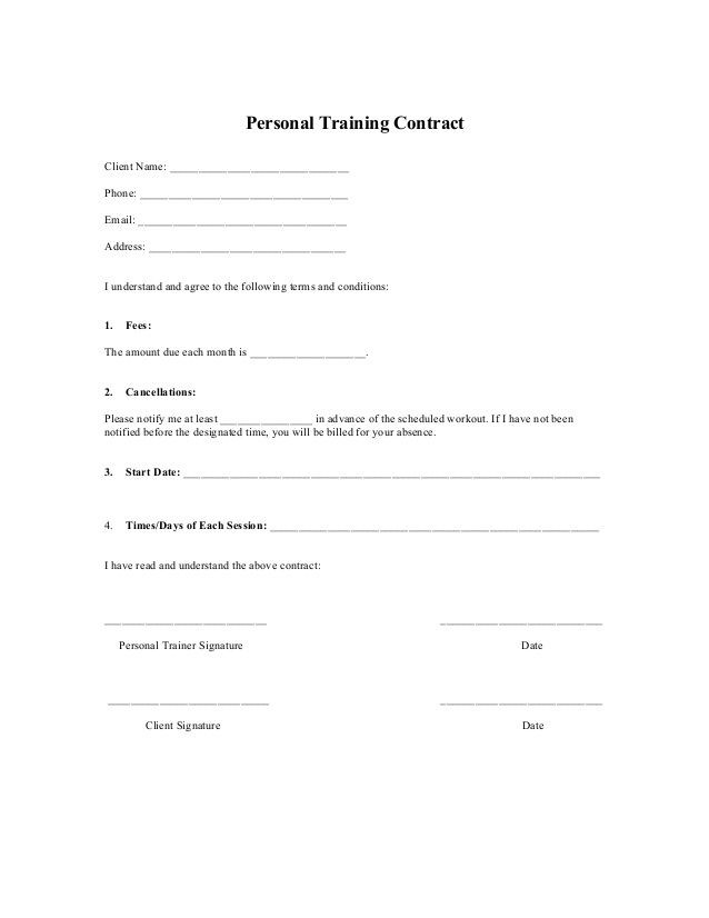 Printable Sample Personal Training Contract Template Form Online Document Templates