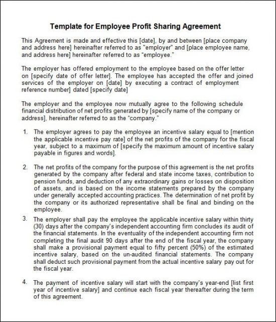 Profit Sharing Agreement Share Template Simple