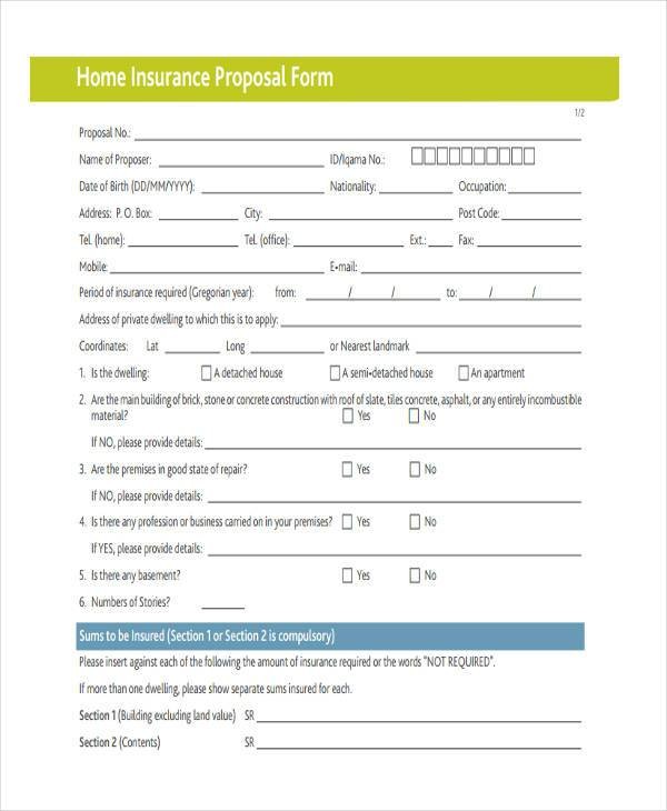 Proposal Forms In PDF Document Home Insurance Application Form