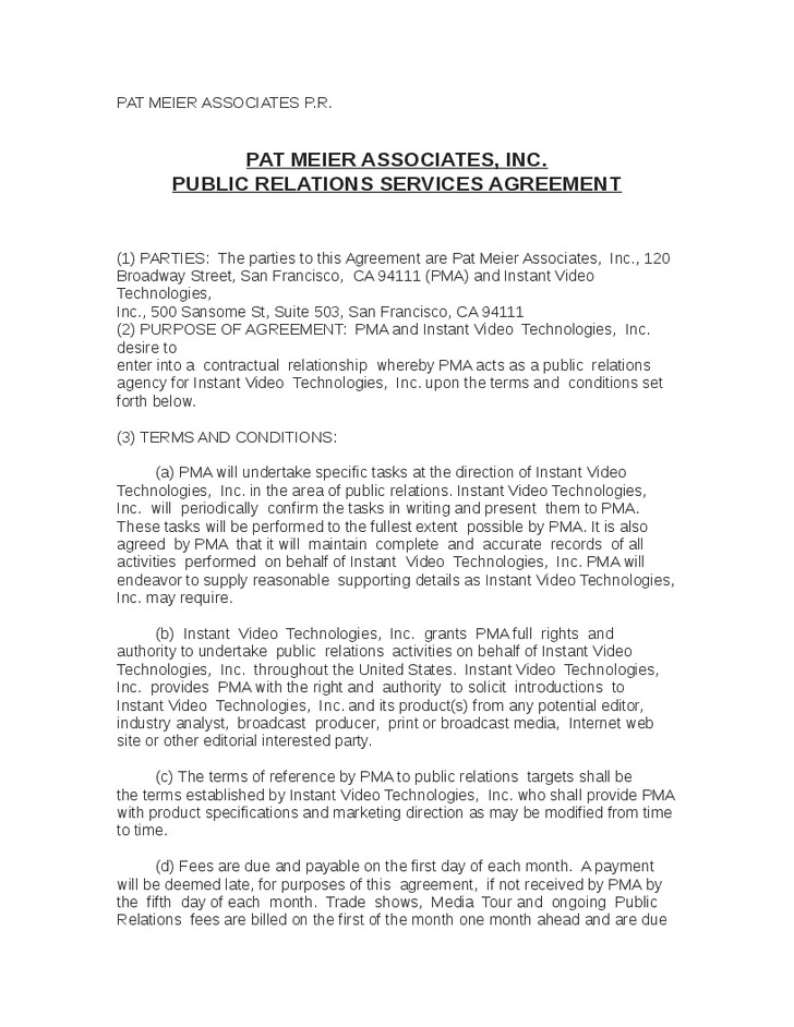 Public Relations Contract Agreement Document Pr Template