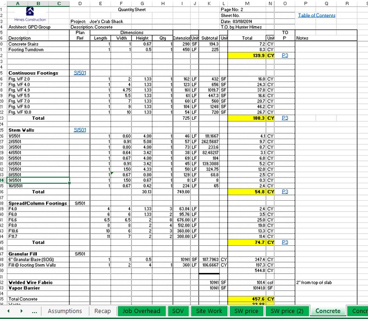 Quantity Takeoff Pricing Hunter Himes Document Excel Spreadsheet