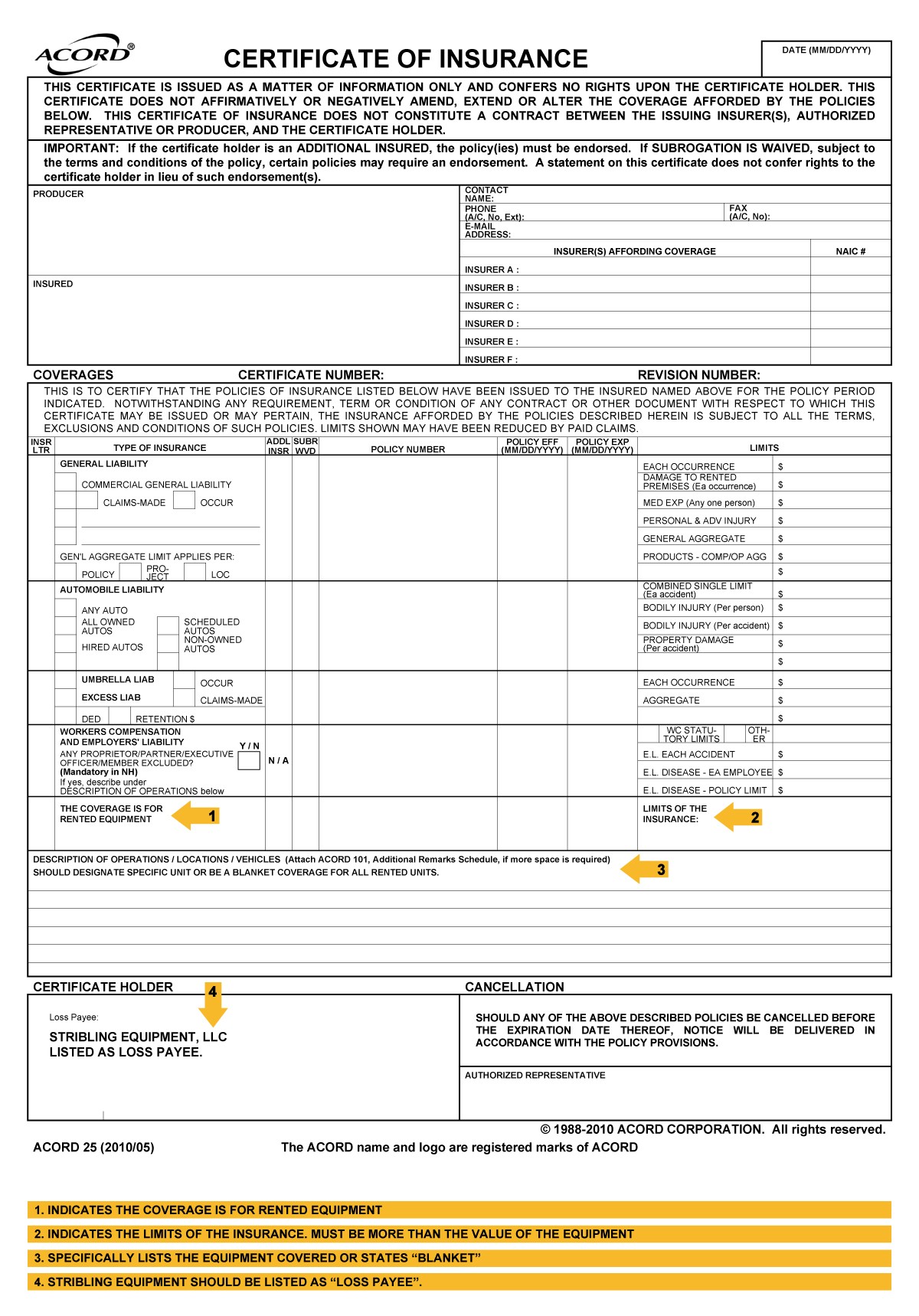 Rental Insurance Guide Stribling Equipment LLC Document Accord Certificate