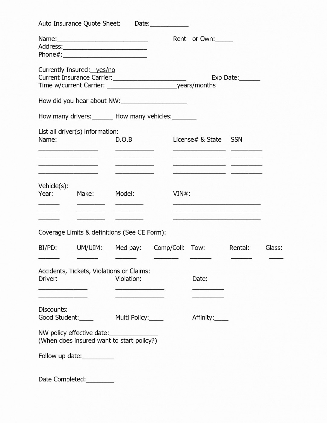 Request For Proposal Form Template Beautiful Auto Insurance Forms Document Quote