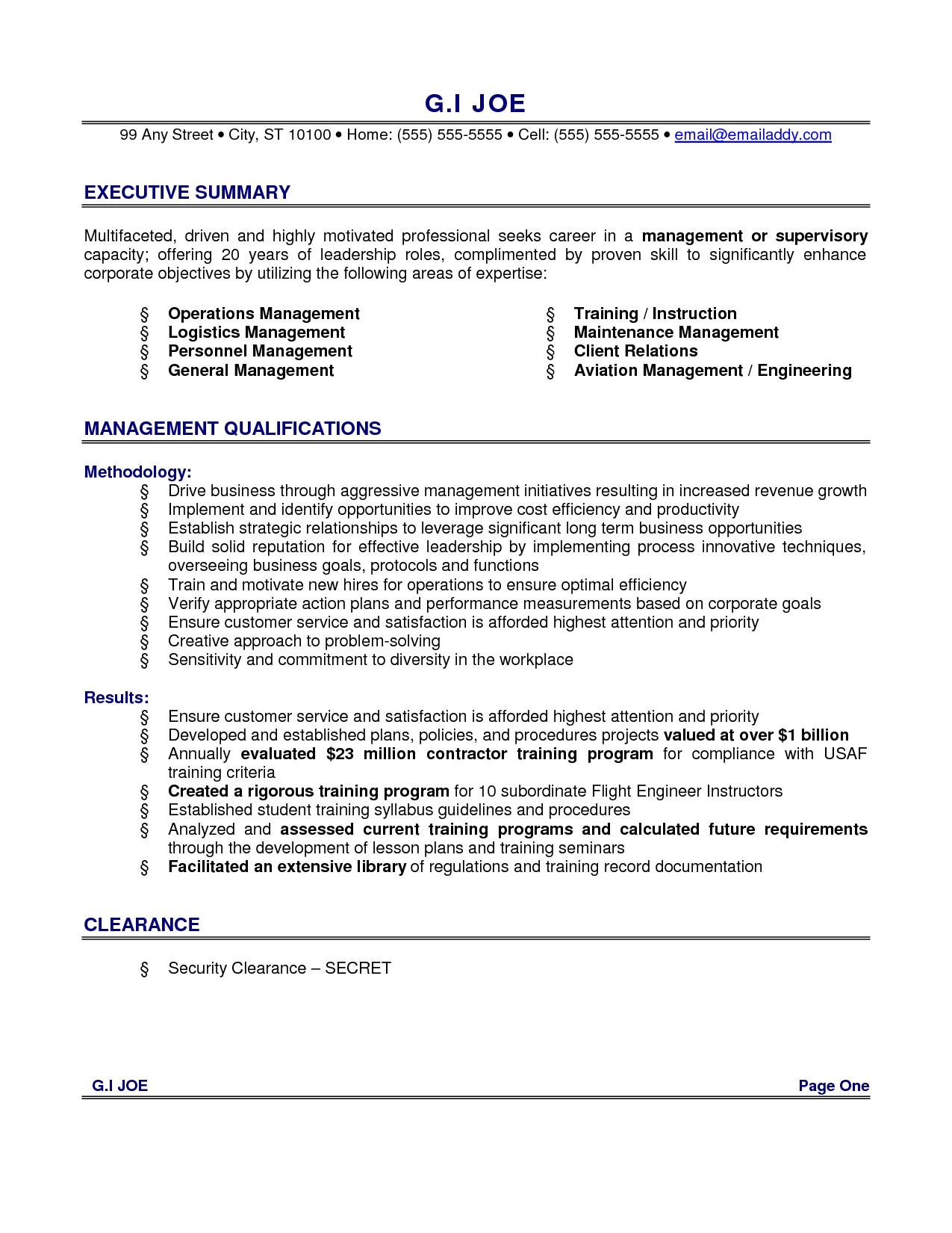 Resume Examples For Executive Summary With Management Qualifications Document Sample