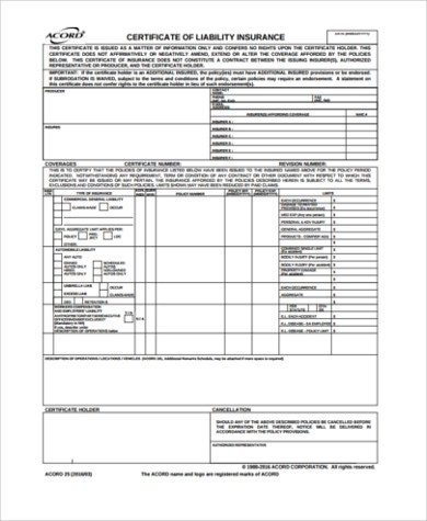 Sample Certificate Of Liability Insurance Forms 6 Free Documents Document Blank Form