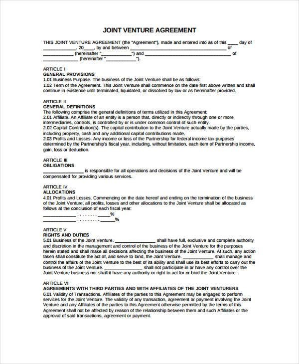 Sample Joint Venture Agreement Forms 8 Free Documents In Word PDF Document Form