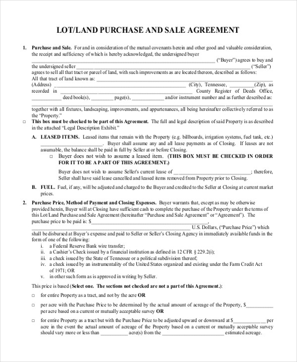 Sample Land Purchase Agreement Form 7 Documents In PDF Word Document Sale Format