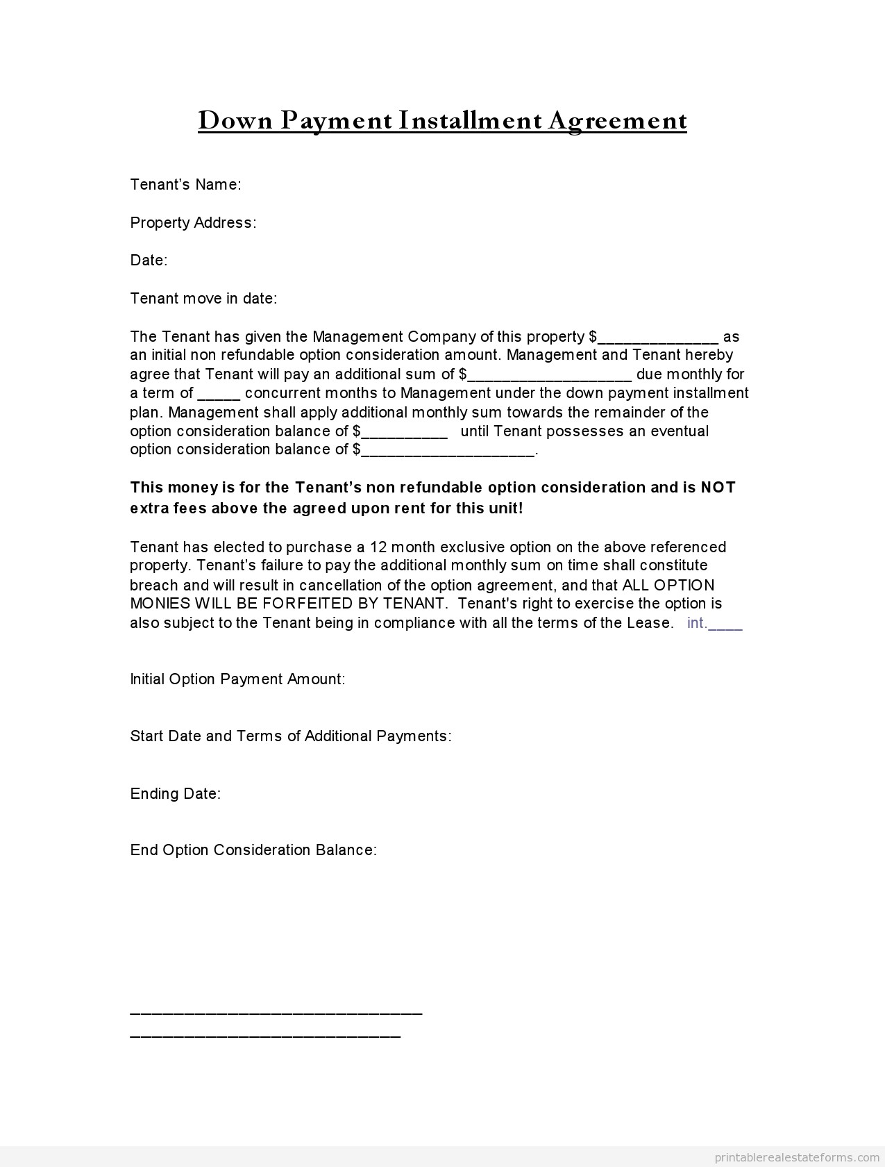Sample Printable Down Payment Installment Agreement 2 Form Document Contract Template