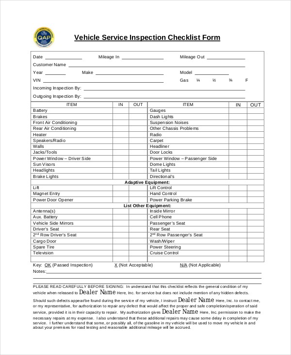 Sample Vehicle Service Forms 8 Free Documents In PDF Doc Document Checklist