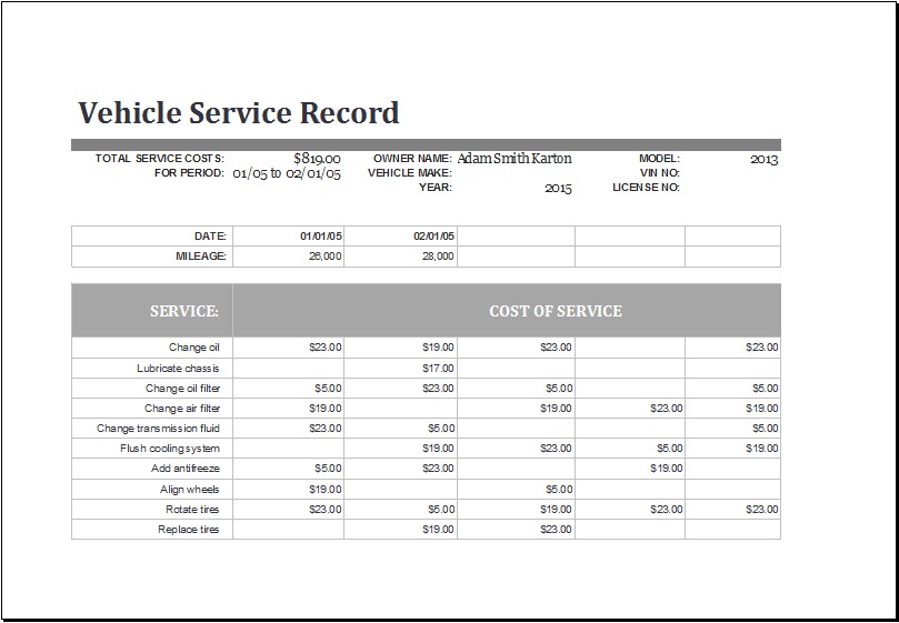 Service Log Template Tier Crewpulse Co Document Excel Car Maintenance