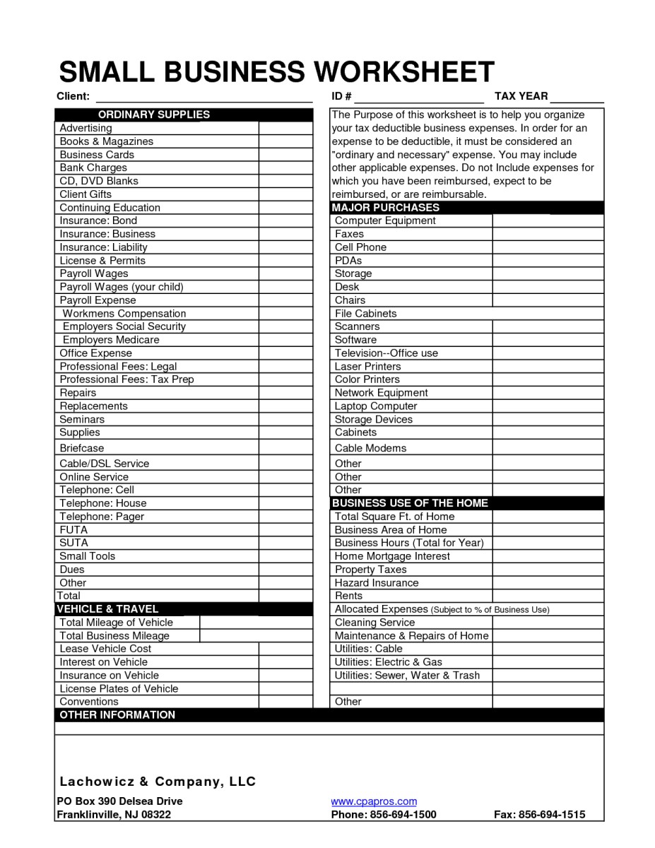 Small Business Tax Worksheet News Document Deductions