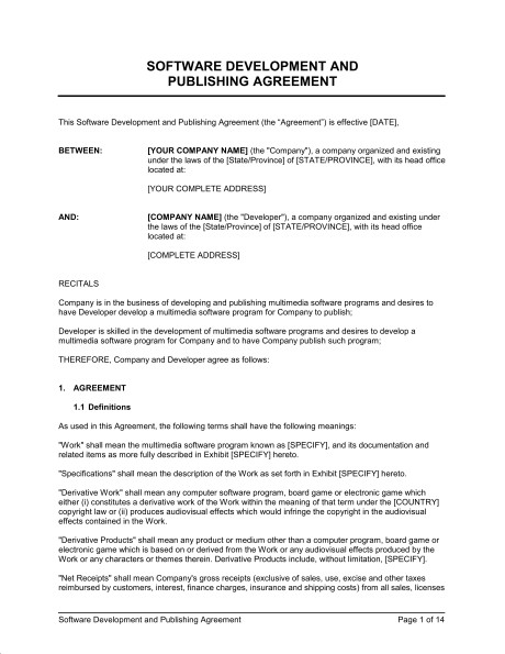 Software Development And Publishing Agreement Template Sample Document Doc