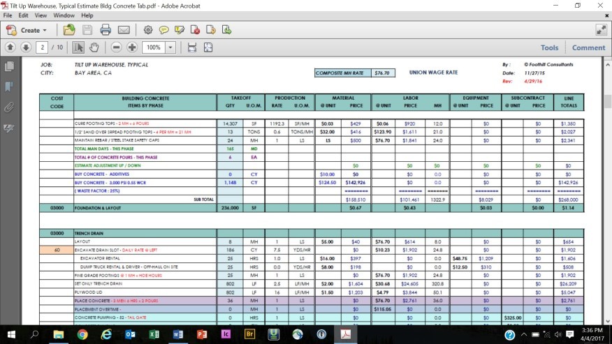 Spreadsheet Based Estimating Concrete Construction Magazine Document Takeoff Excel Template