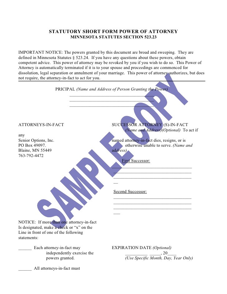 Statutory Short Form Power Of Attorney Sample Application Document Minnesota