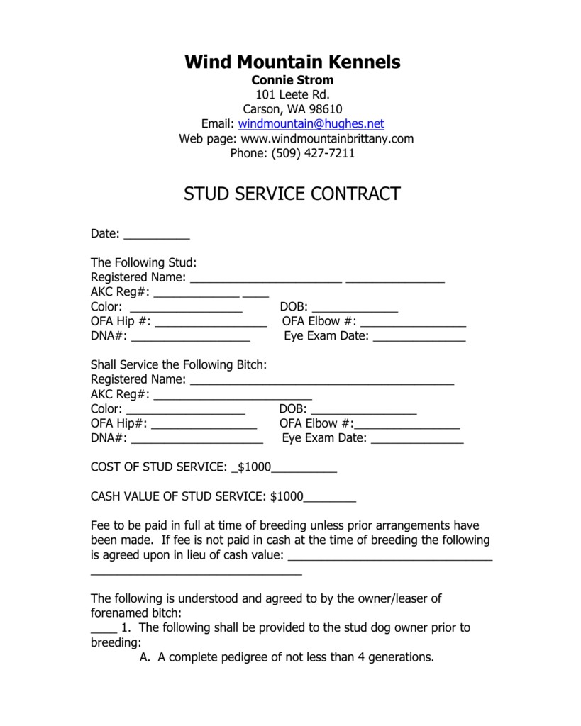 Stud Dog Contract Blank Document Service Template