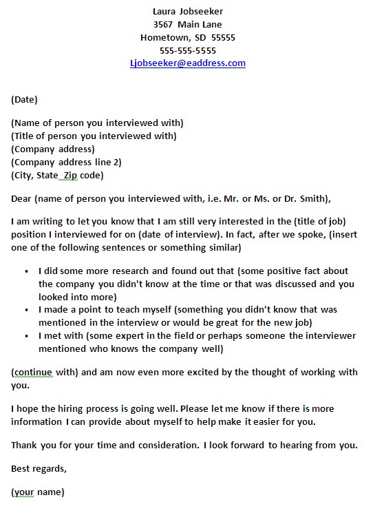 Template For A Follow Up Note Letter Or Email After Job Document Interview Followup