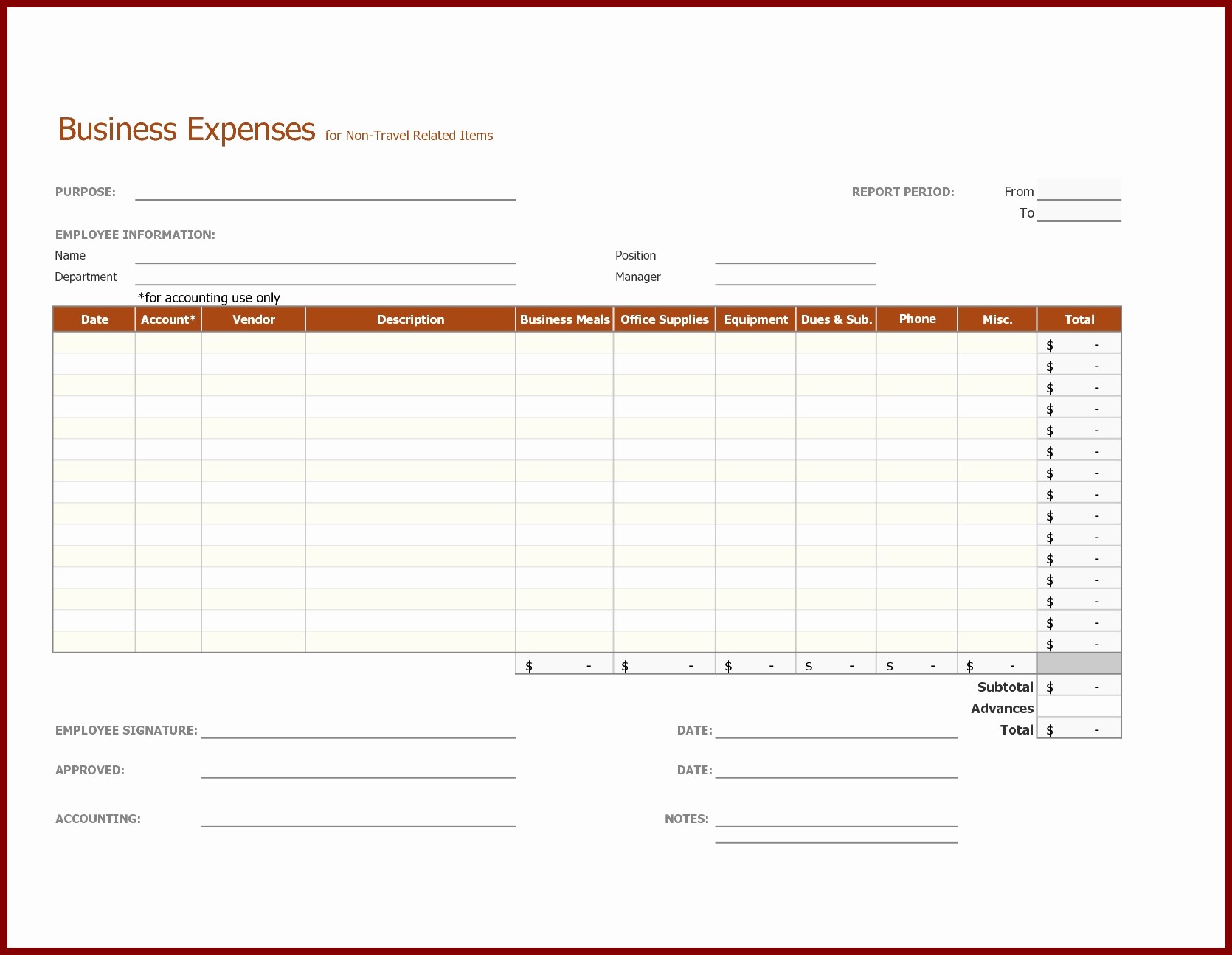 Template For Business Expense Report Printable Document Free Small