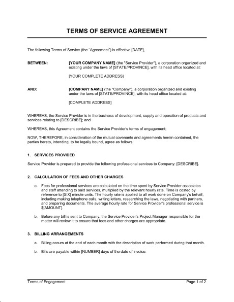 Terms Of Service Agreement Template Sample Form Biztree Com Document Contract