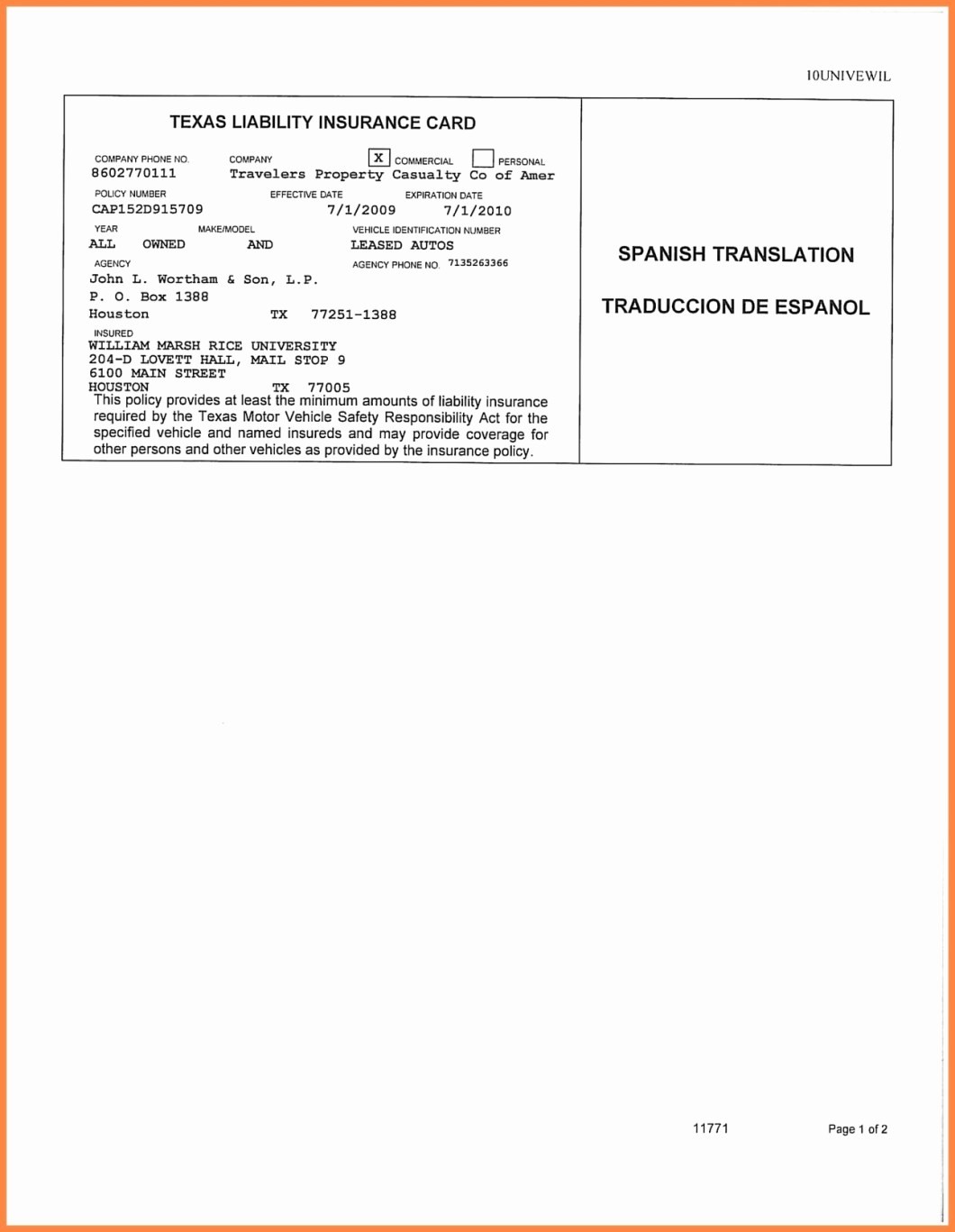 Texas Car Insurance Card Template Pdf Carbk Co Document Auto