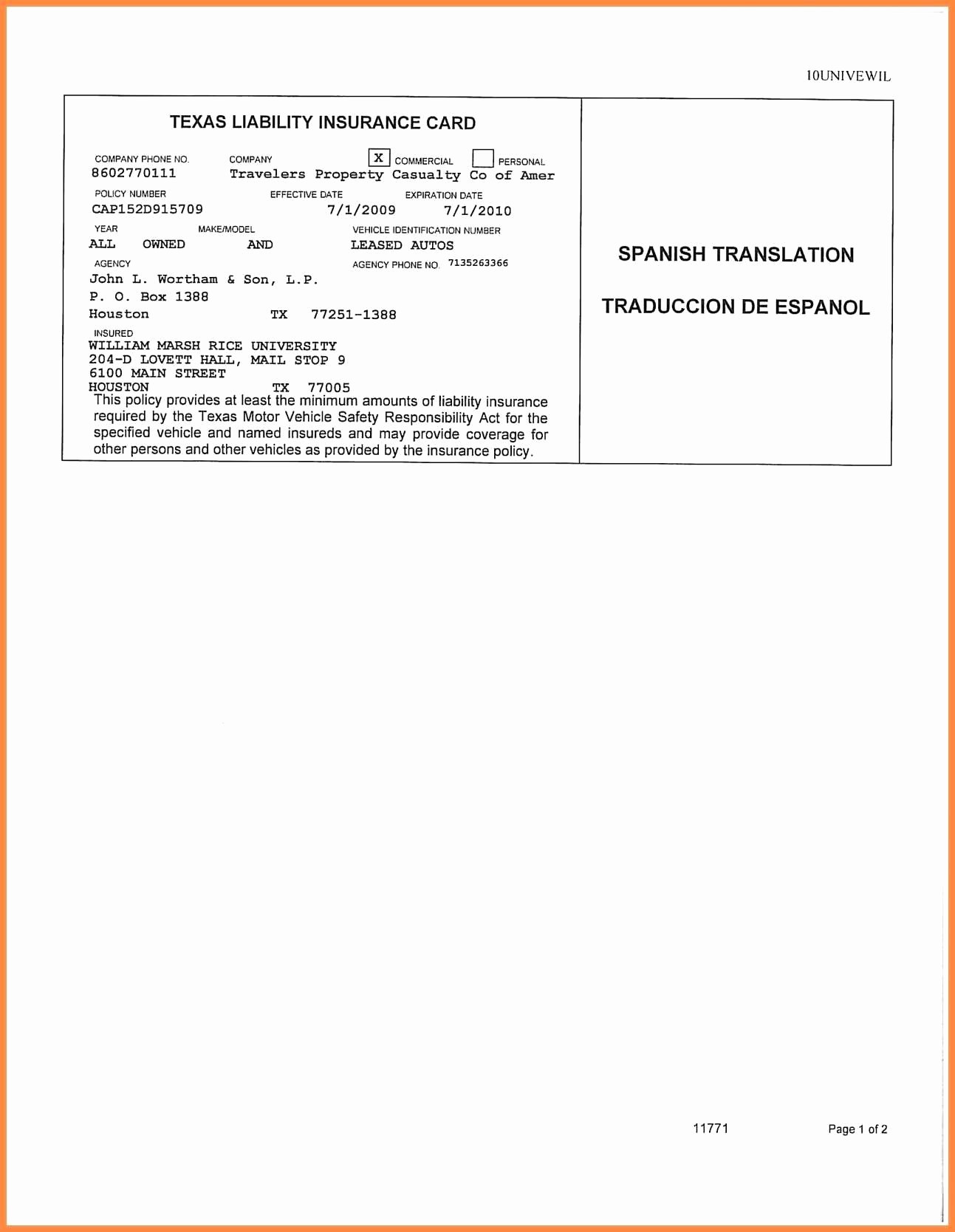 Texas Liability Insurance Card Template Elegant Document