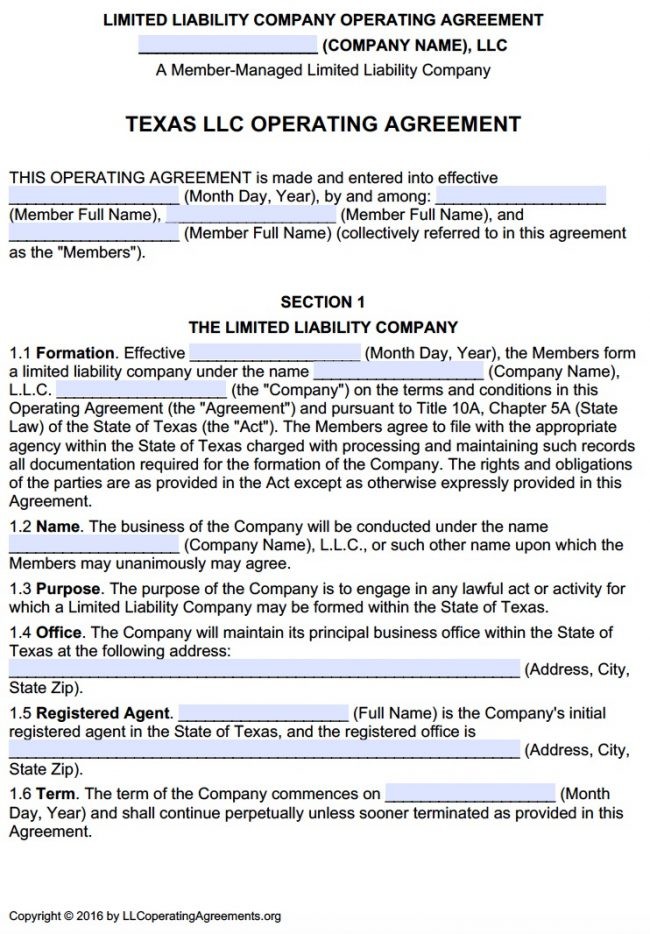 Texas Multi Member LLC Operating Agreement Free Document Llc