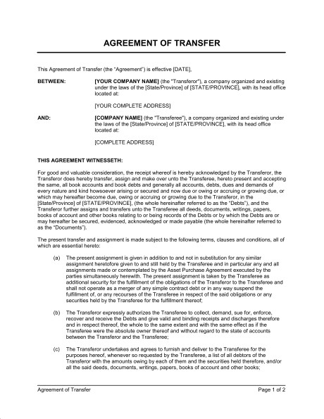 Transfer Of Business Ownership Agreement Document Template