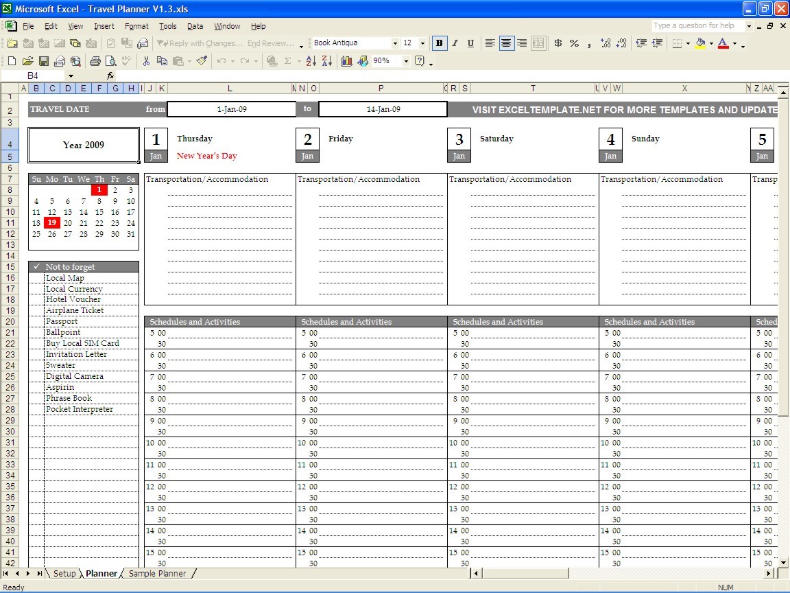 Travel Planner Excel Templates Document Spreadsheet