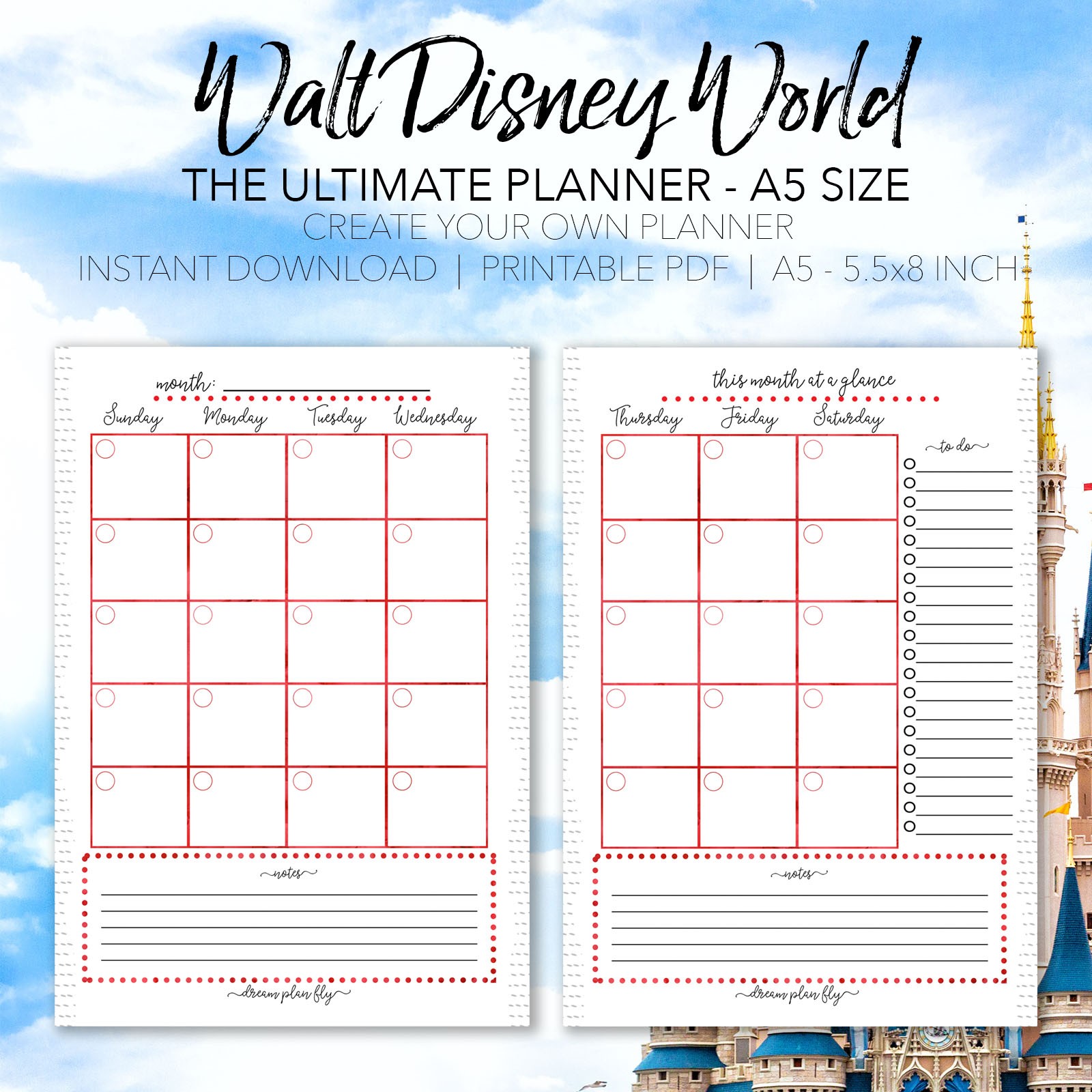 Ultimate Walt Disney World Vacation Planner A5 Size Dream Plan Fly Document