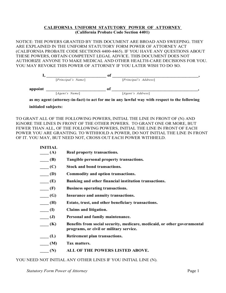 Uniform Statutory Power Of Attorney California Free Download Document Form