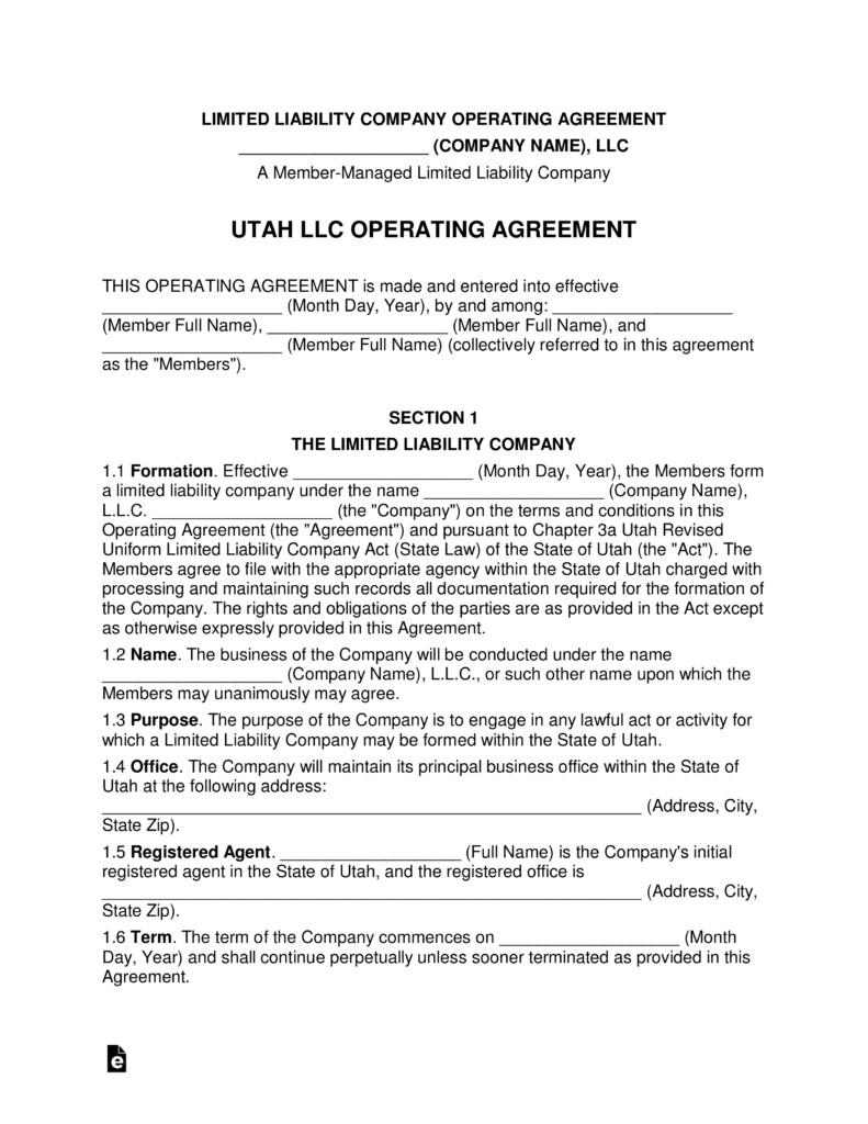 Utah Multi Member LLC Operating Agreement Form EForms Free Document Llc Template