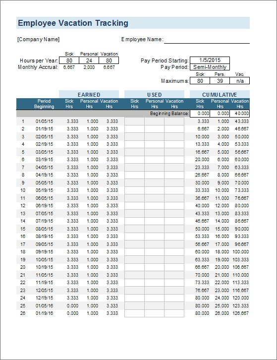 Vacation Accrual And Tracking Template With Sick Leave Document Pto Calculator Excel