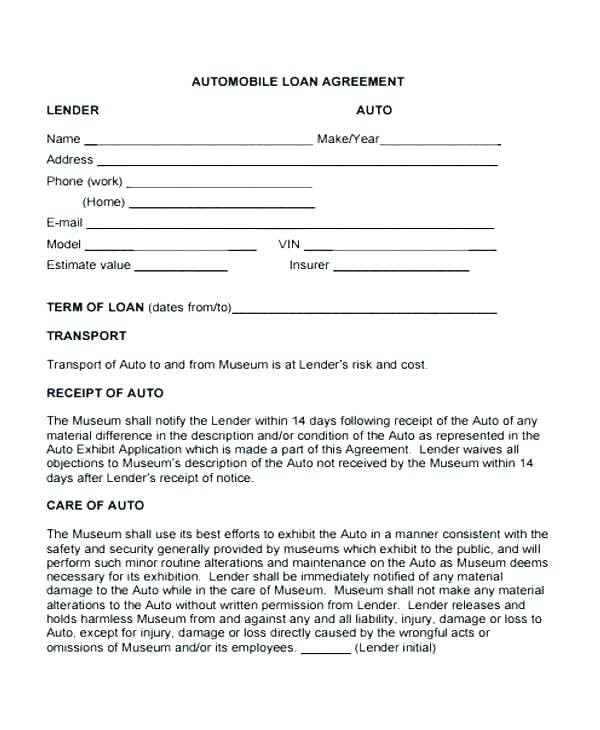 Vehicle Loan Agreement Template Auto Free Document Car