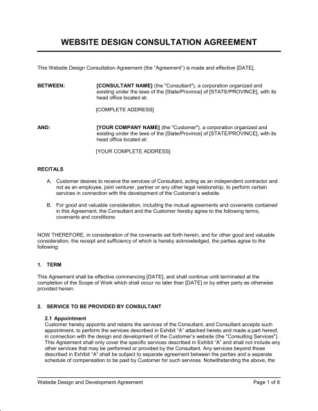 Website Design Consultation Agreement Template Sample Form Document Web Contract